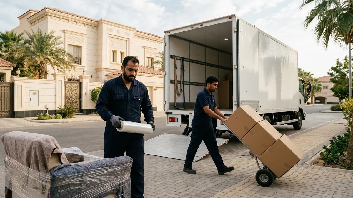 فريق مؤسسة الإتقان يجهز شاحنة النقل والعفش أمام مبنى سكني بجدة