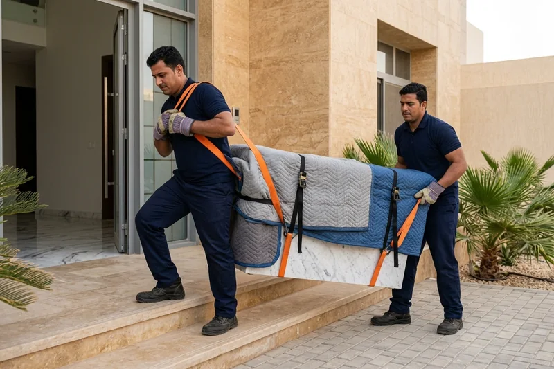فريق نقل محترف يستخدم أحزمة الكتف المتطورة لنقل قطعة رخام ثقيلة بجدة
