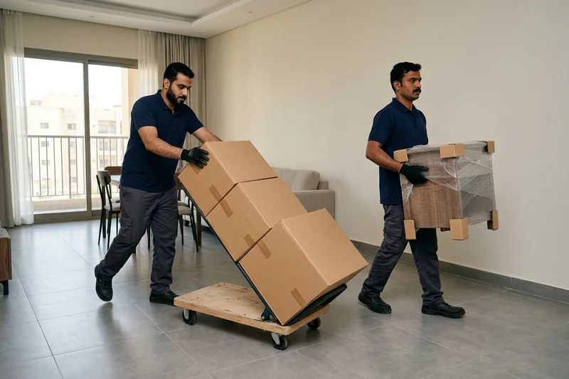 فريق مؤسسة الإتقان ينقل صناديق وأثاث شقة سكنية بحي النسيم في جدة باستخدام عربات النقل المجهزة