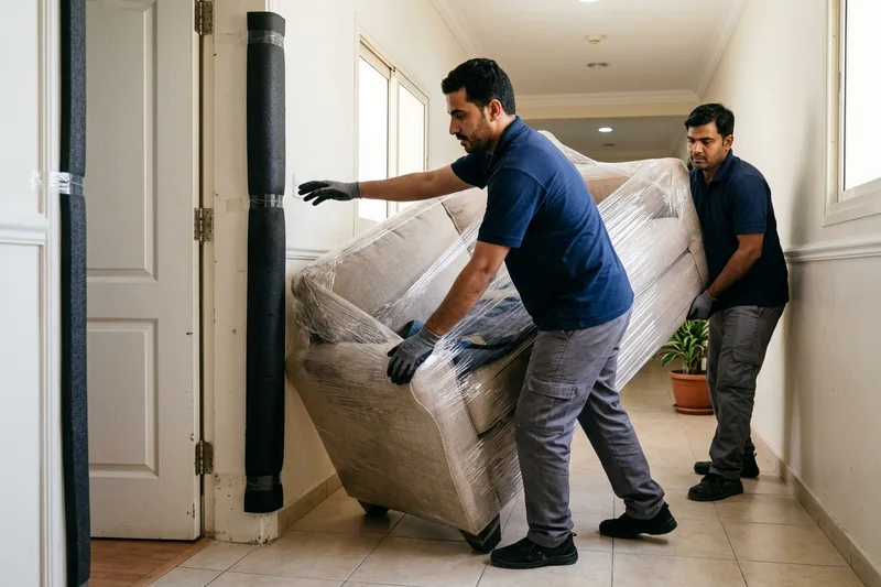تقنية التدوير المائل وتبطين إطارات الأبواب والمداخل الضيقة لحماية الأثاث والجدران