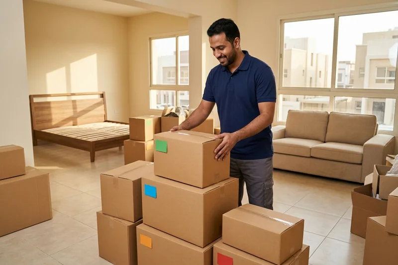 ترتيب وتنظيم كراتين العفش بنظام الترميز اللوني في غرف المنزل الجديد بجدة